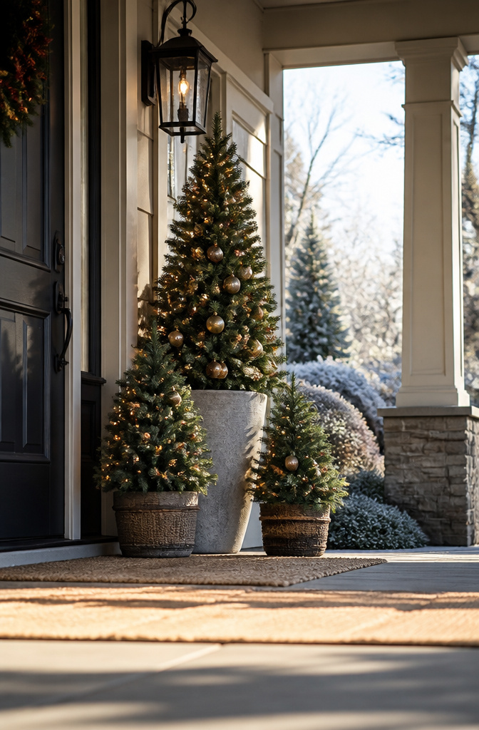 Mini Christmas trees arranged near a front door.