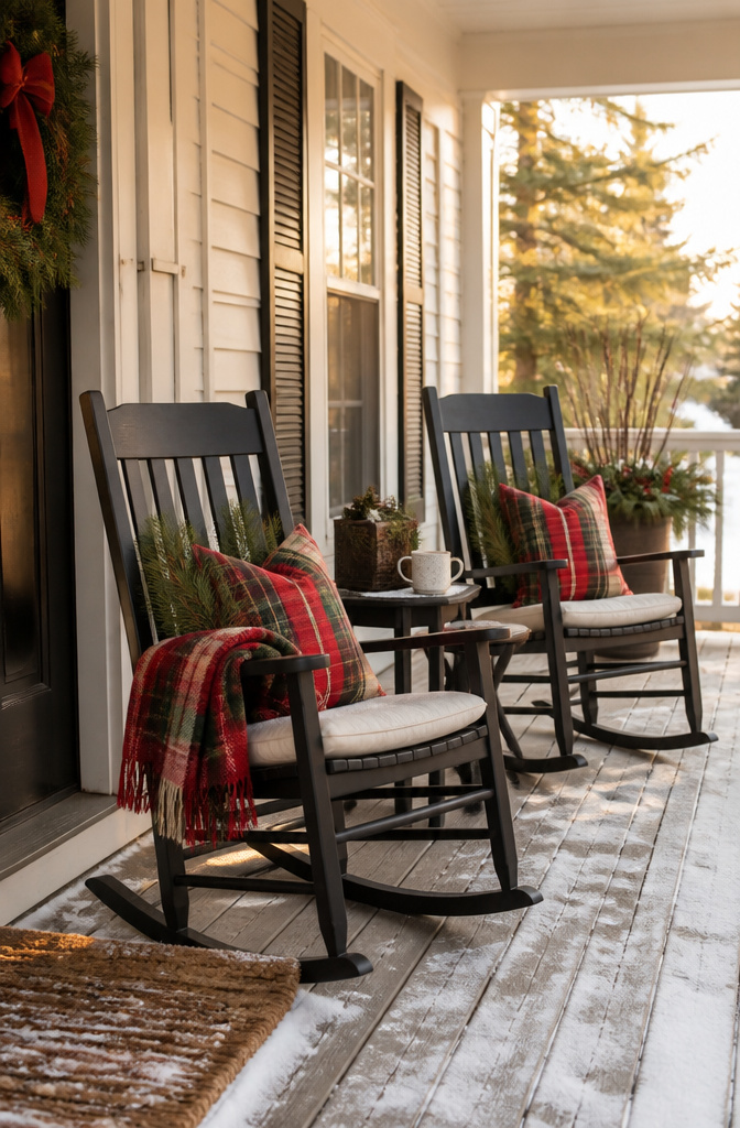 Two rocking chairs with holiday pillows and a throw on a porch.