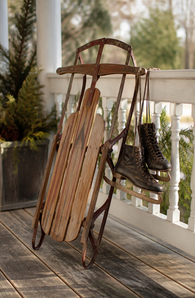 A vintage wooden sled displayed on a porch.