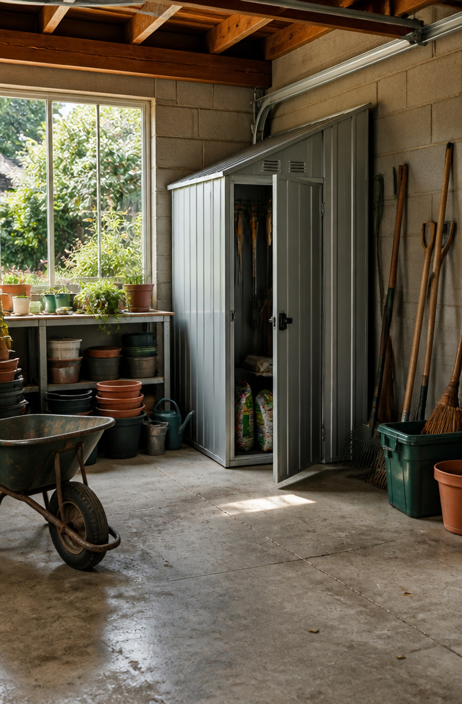 A small shed placed against a garage wall.