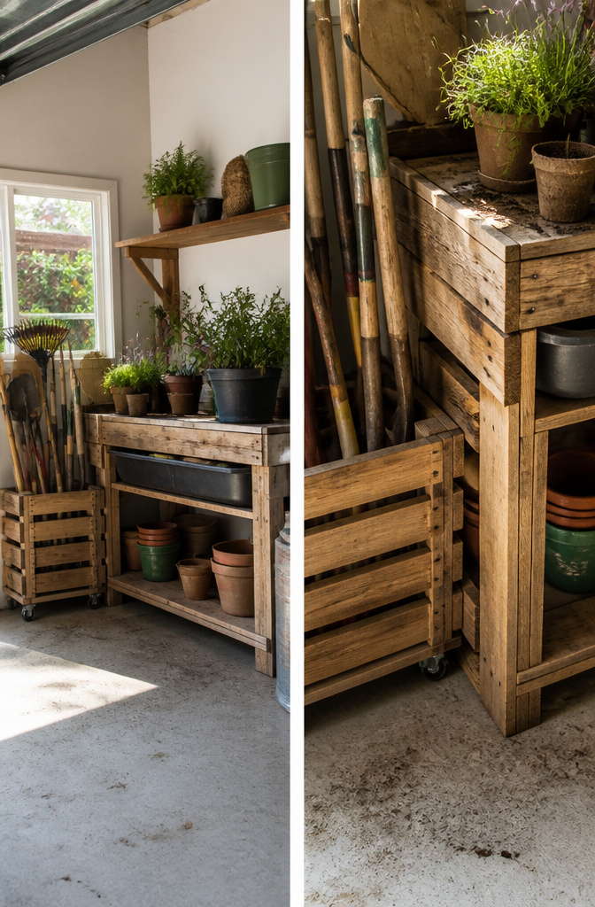 A wooden potting bench constructed from pallets.