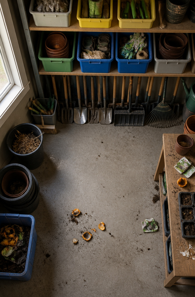 Labeled storage bins organized for different gardening seasons.