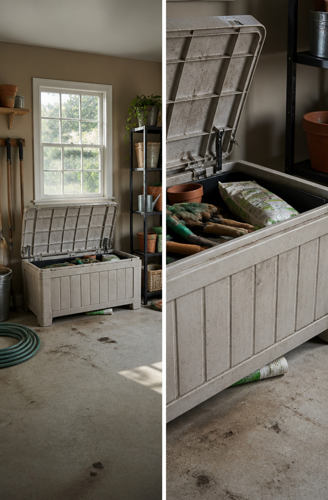 A garden storage bench positioned between a garage wall and a car.