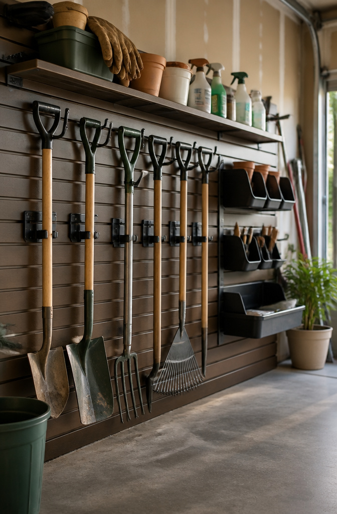 A wall-mounted pegboard and slatwall system for tool storage.