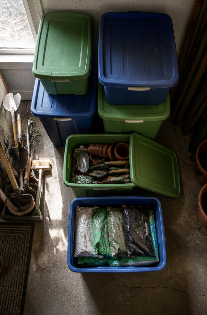A ten-gallon storage bin filled with potting soil.