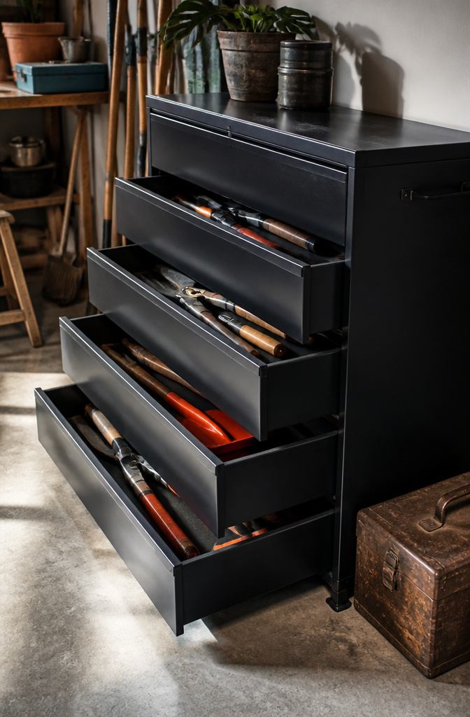 A black garden tool cabinet with open drawers showing tools.