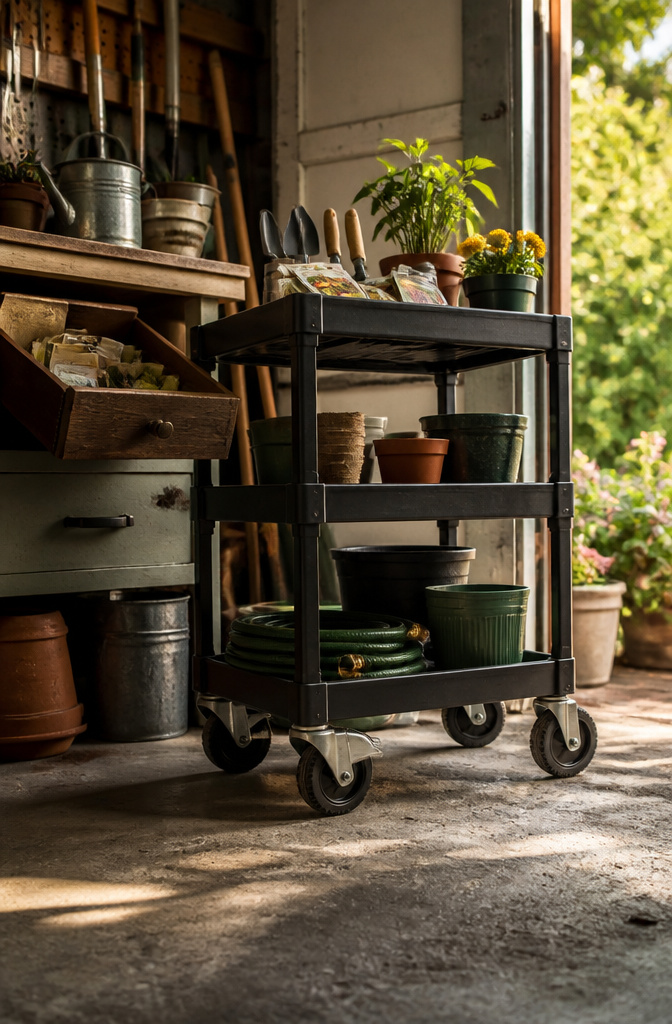 A rolling cart with three shelves for holding gardening items.