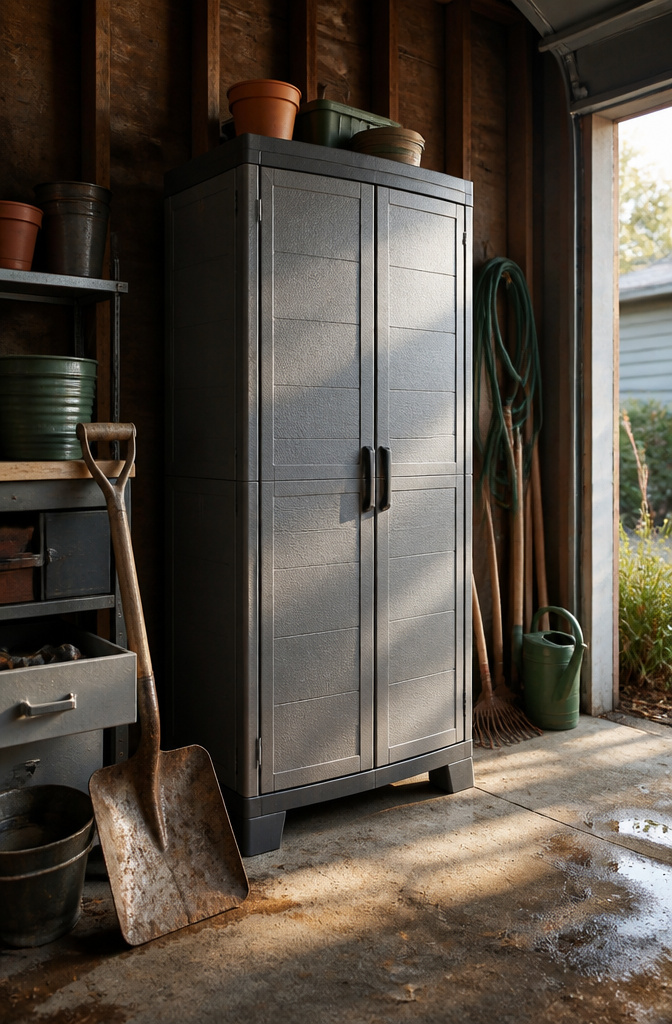 A resin storage cabinet raised off the garage floor.