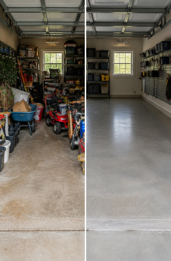 A garage filled with various unused items and clutter.