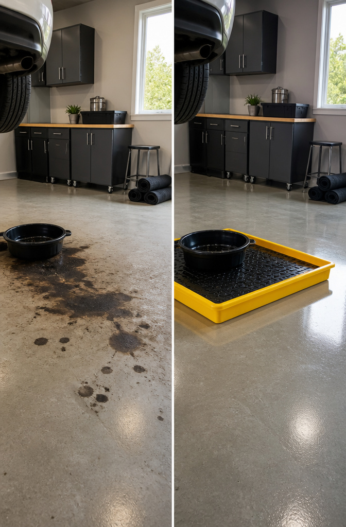 Containment tray and mats on a garage floor.