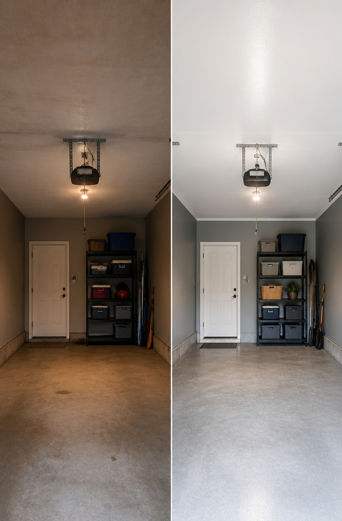 A garage ceiling painted white to enhance lighting.