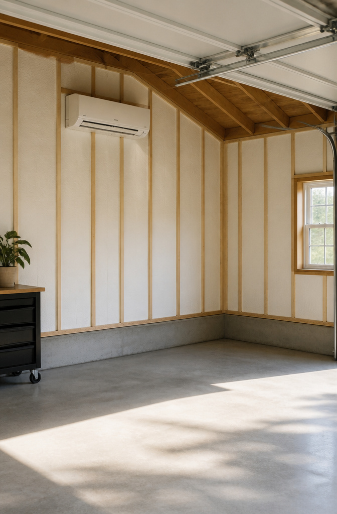 Foam board insulation on walls of a garage.