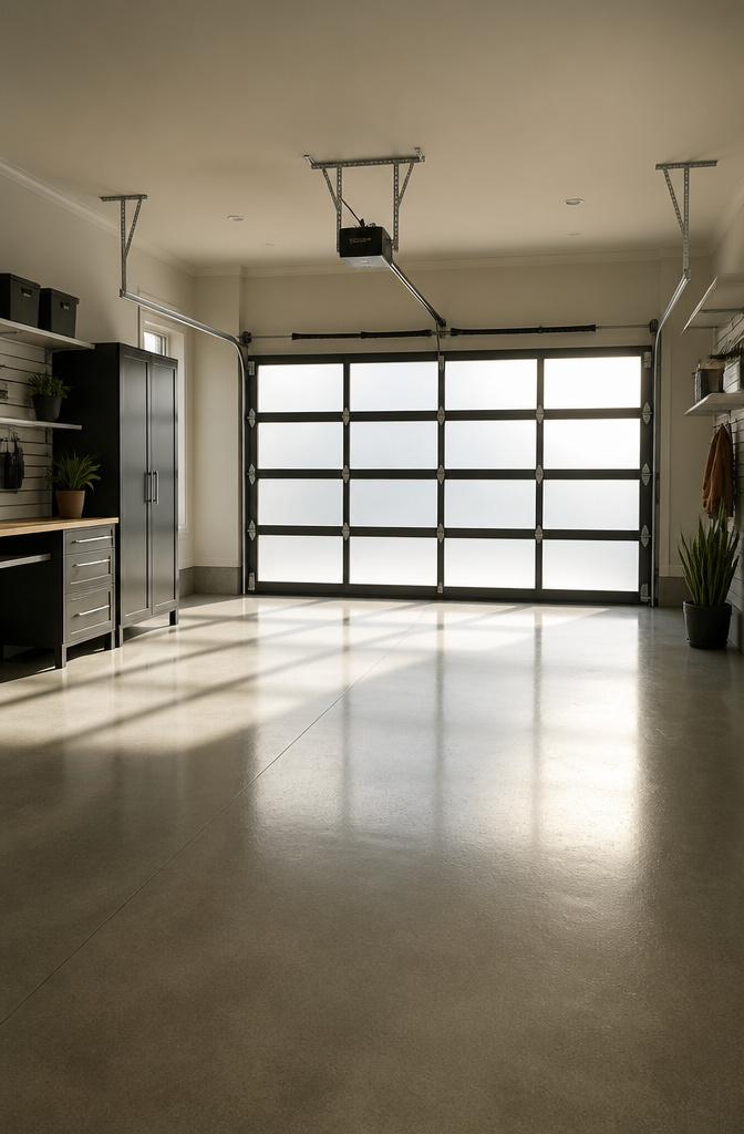 An insulated garage door with frosted window inserts.