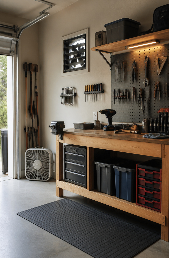 Exhaust fan mounted in a garage wall above a workbench.