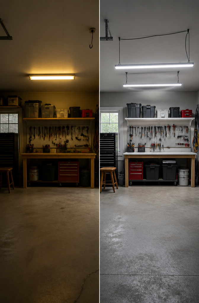 LED shop lights illuminating a garage workspace.
