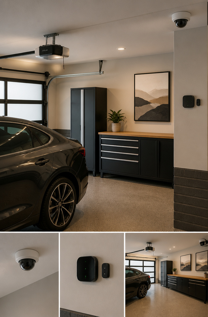 Smart garage opener and security camera setup.