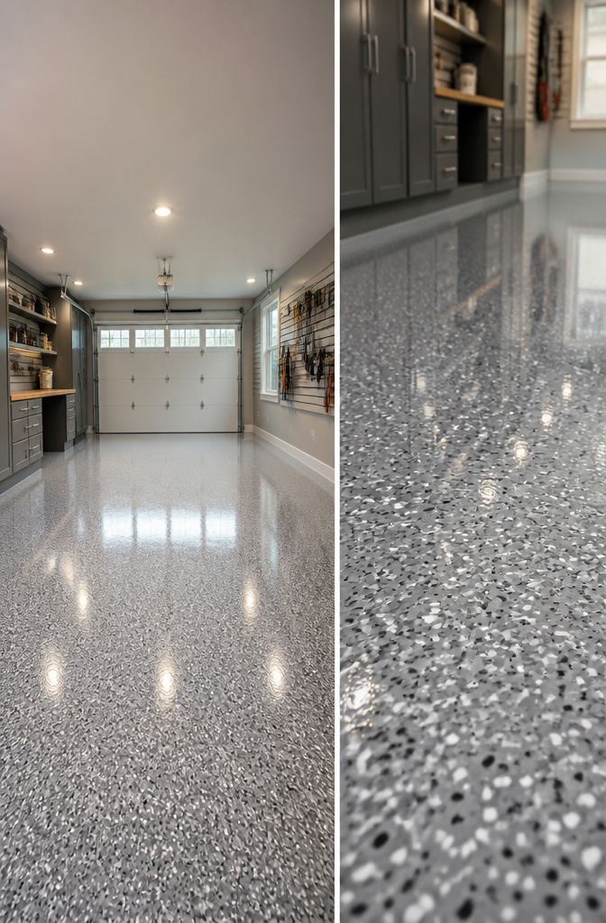A contractor preparing a garage floor for epoxy coating.