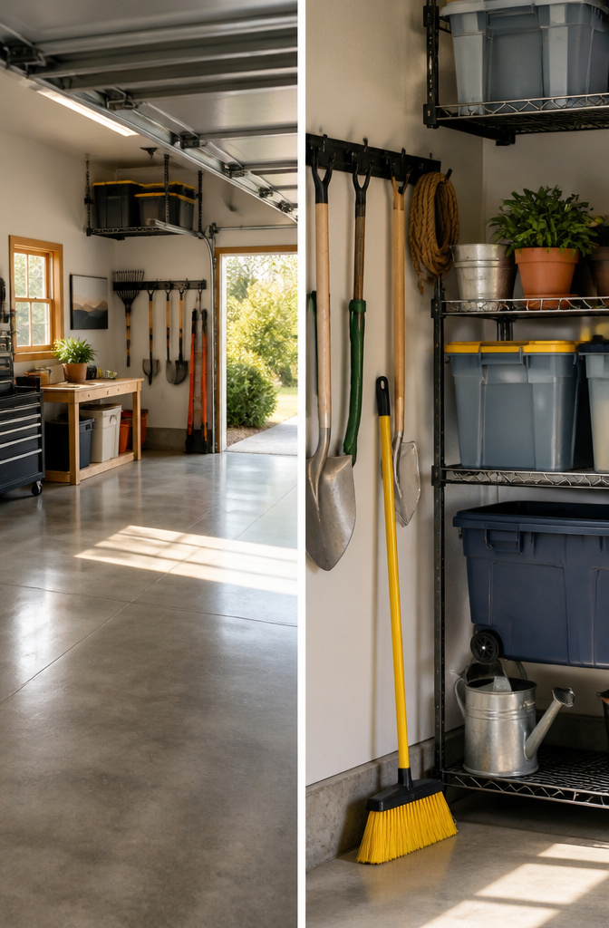 A person cleaning and organizing a garage interior.