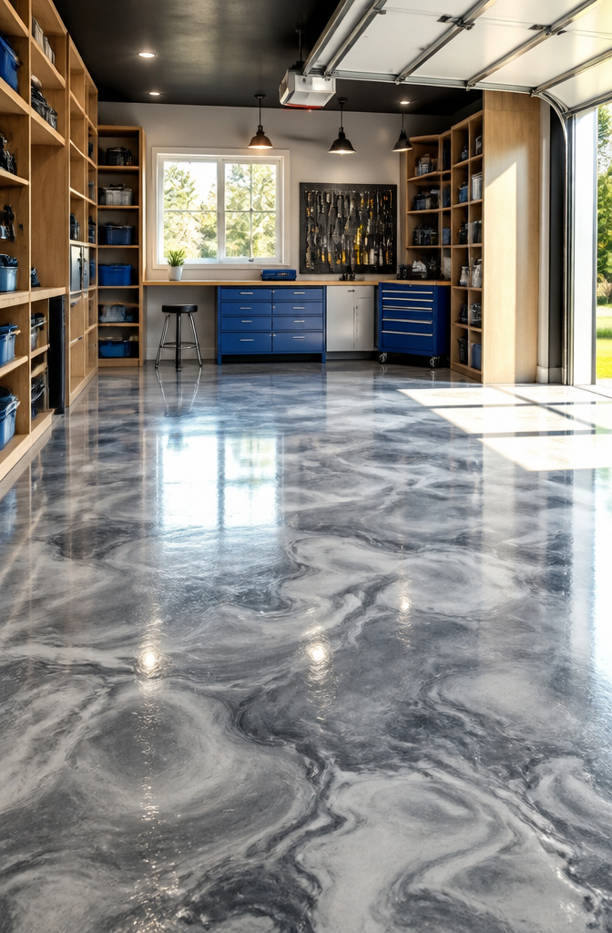 A shiny polyaspartic garage floor with light oak shelving.