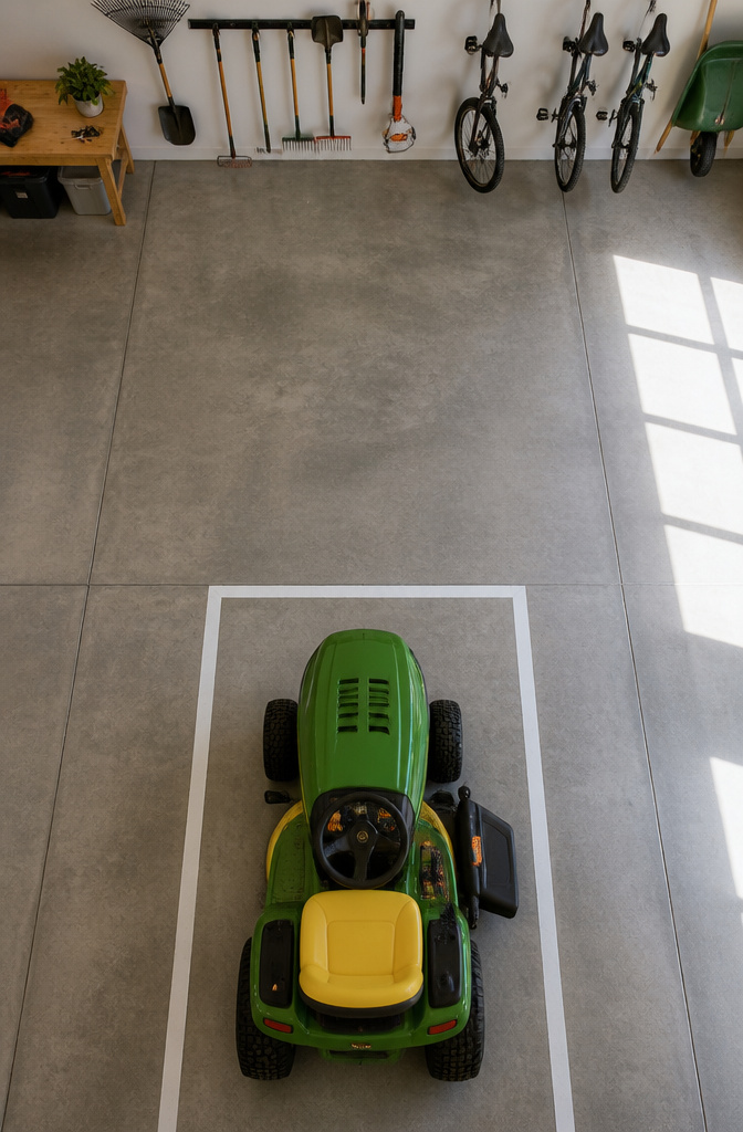 A garage floor free of clutter with items organized on shelves.