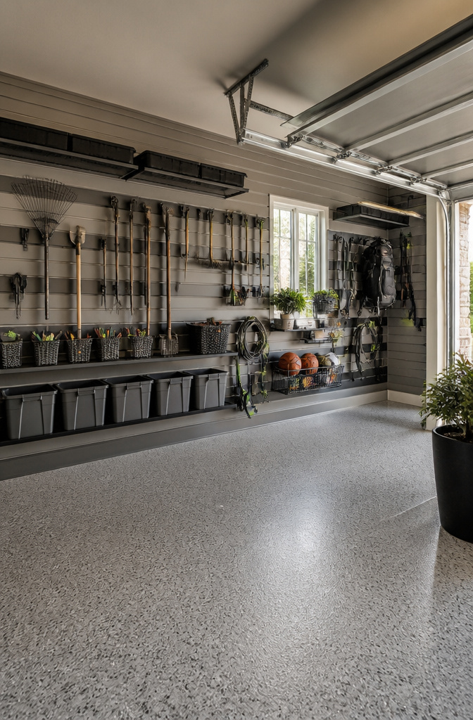 A garage wall with slatwall panels and organized tools.