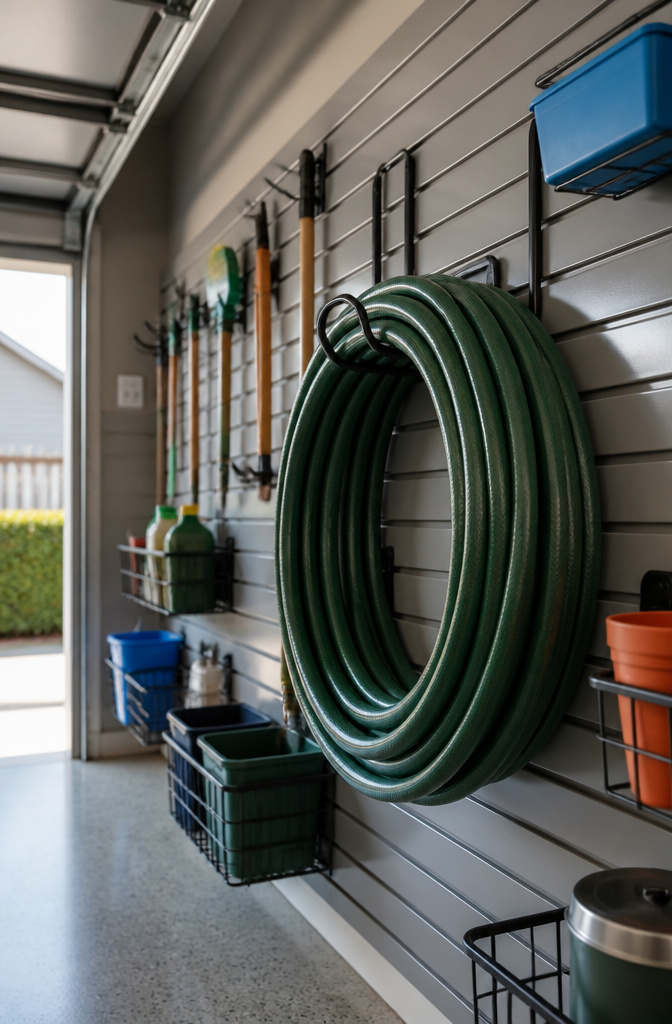Slatwall panels featuring hooks and bins for garage storage.