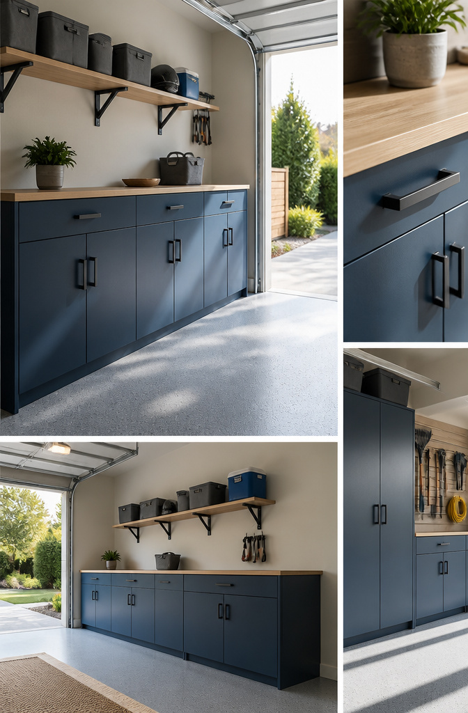 Laminate cabinets in a garage storing tools and supplies.