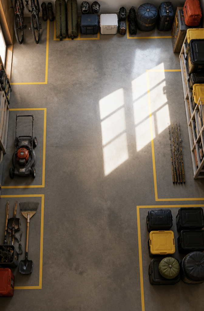 Floor with bright tape marking different storage zones.
