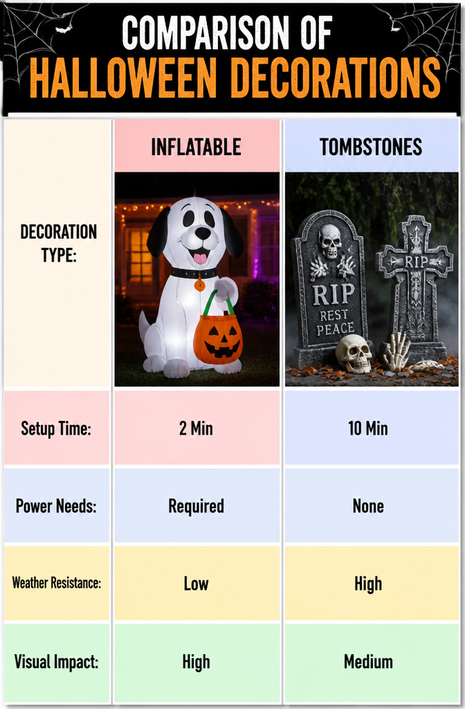 An information graphic comparing different types of Halloween decorations.
