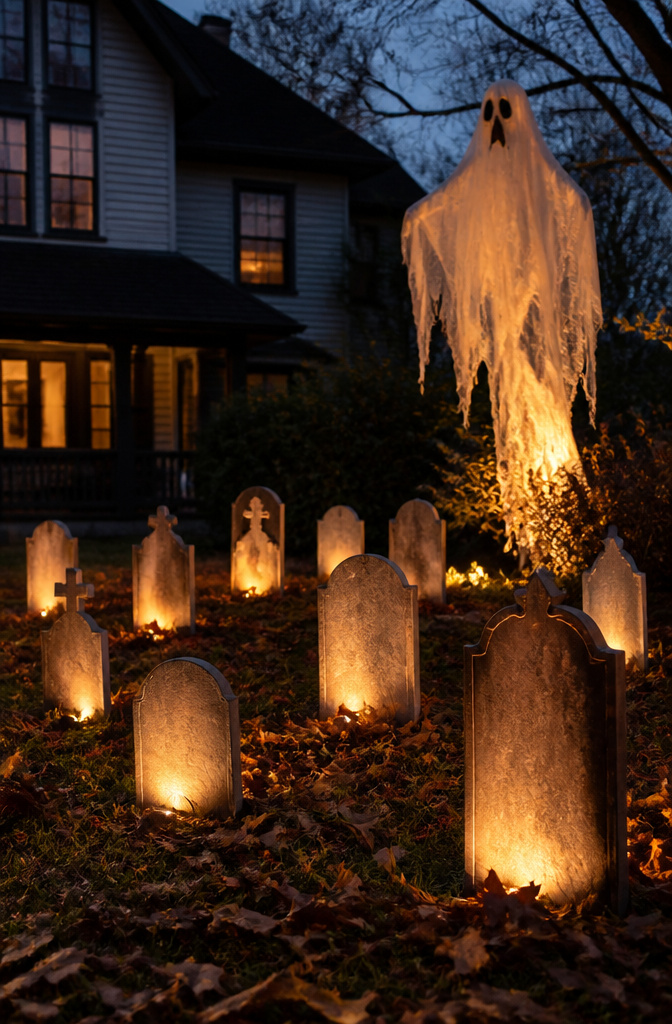 A graveyard display with string lights and glowing tombstones.