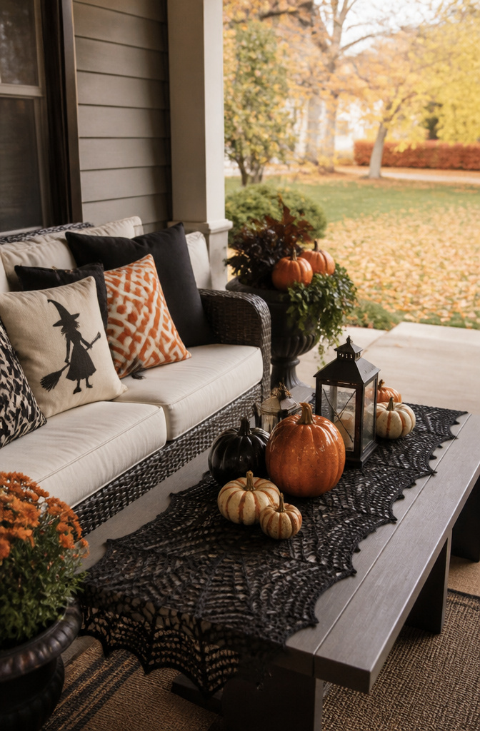 A decorated porch featuring pumpkins and seasonal throw pillows.