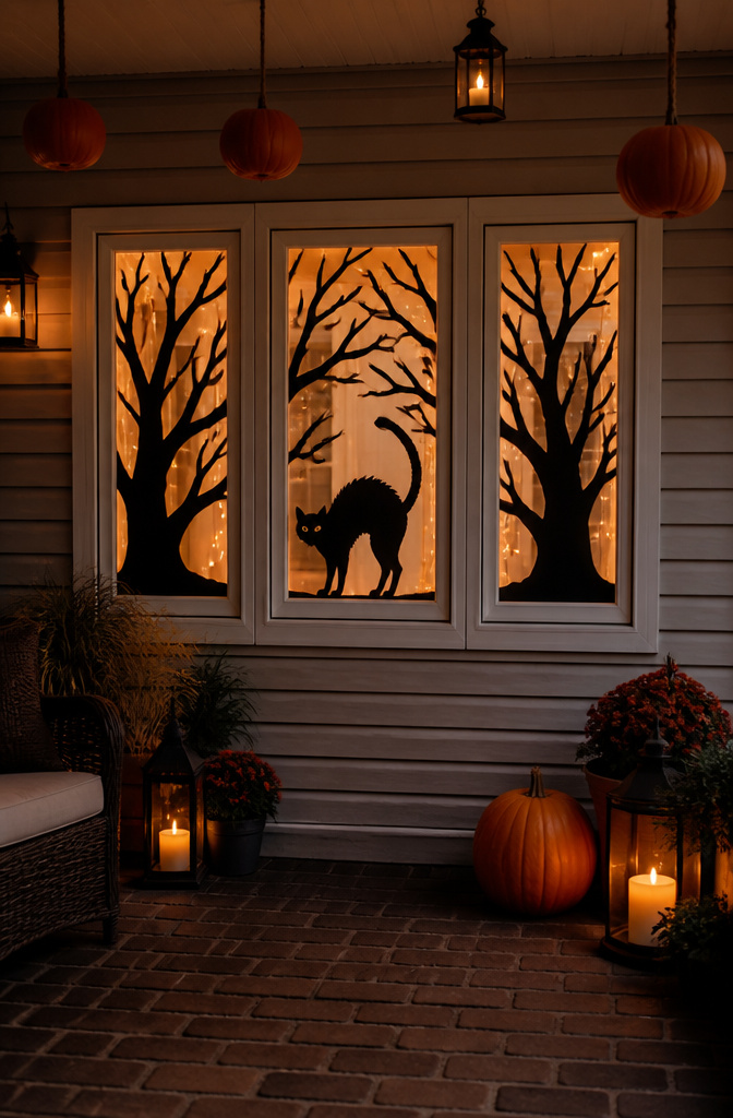 Windows decorated with black cutouts and white LED lights behind them.