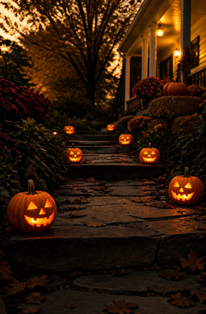 Small carved pumpkins hung along a walkway, glowing softly.