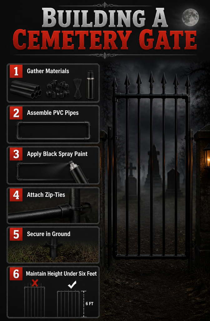 A cemetery gate built from PVC pipe and painted black.