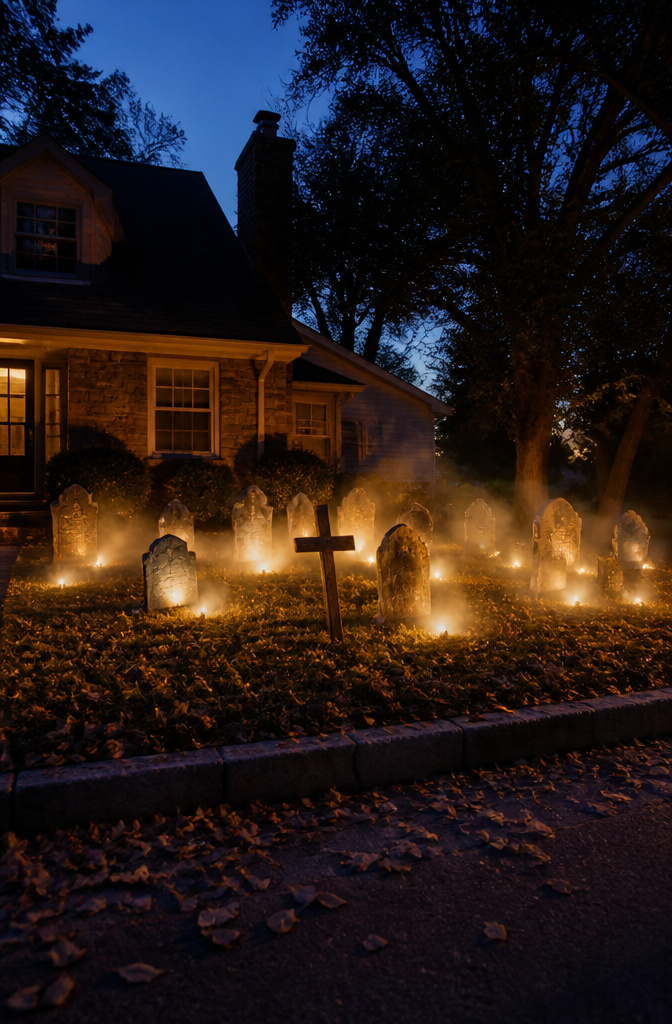 A graveyard scene in a yard with various tombstones and decorations.