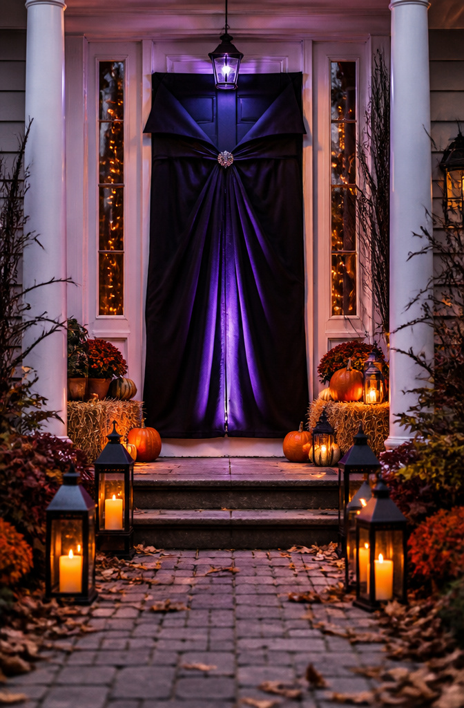 A front door decorated for Halloween with themed elements.