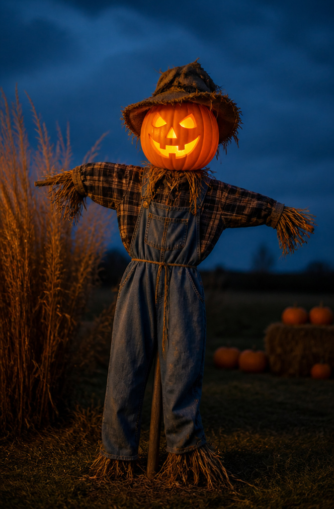 A scarecrow with a pumpkin head stands in a Halloween display.
