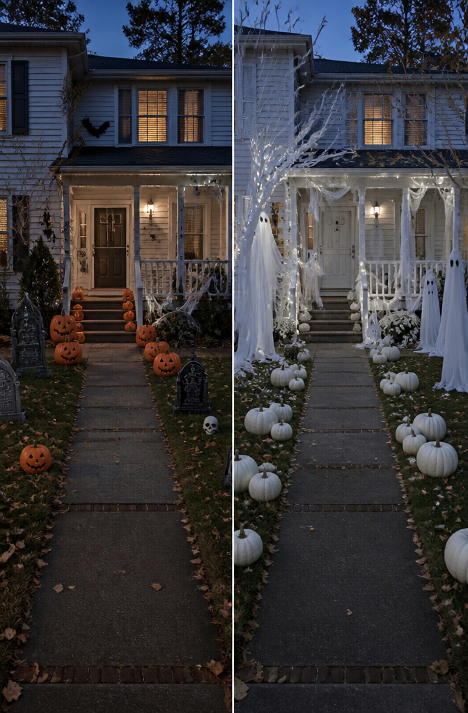 A yard decorated in a single color theme for Halloween.