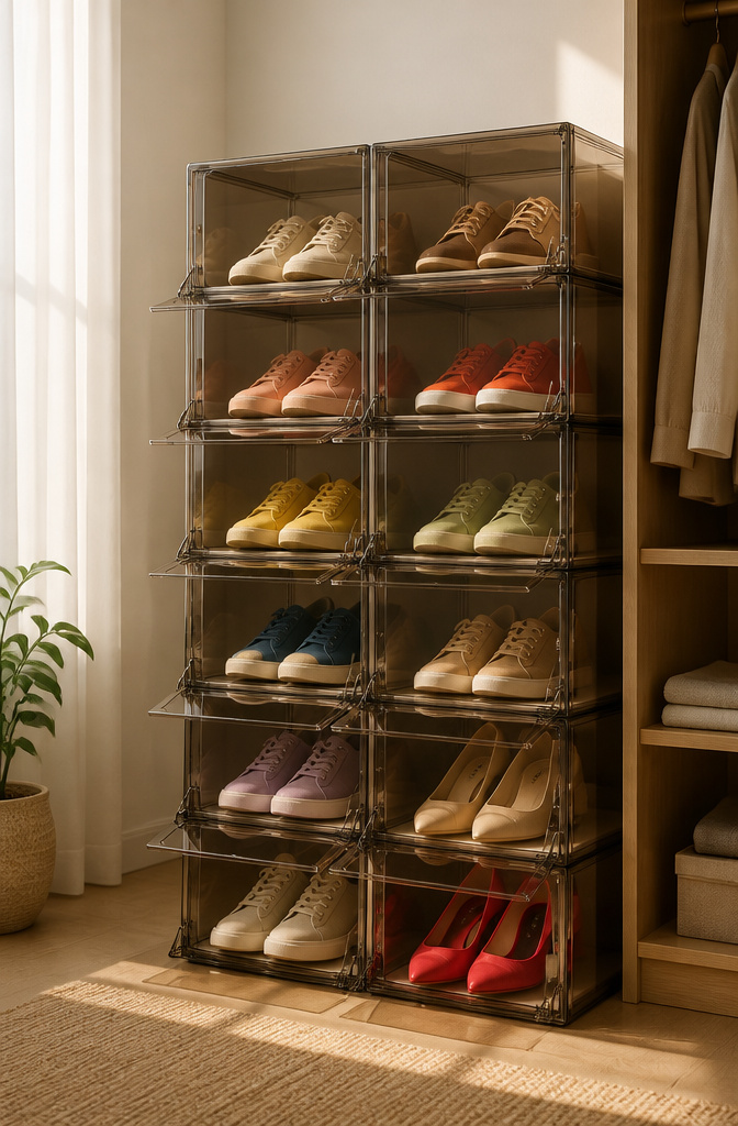 Drop-front shoe boxes with clear doors stacked for easy access.