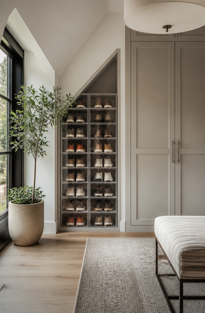 Stacked acrylic shoe boxes allowing light to pass through.
