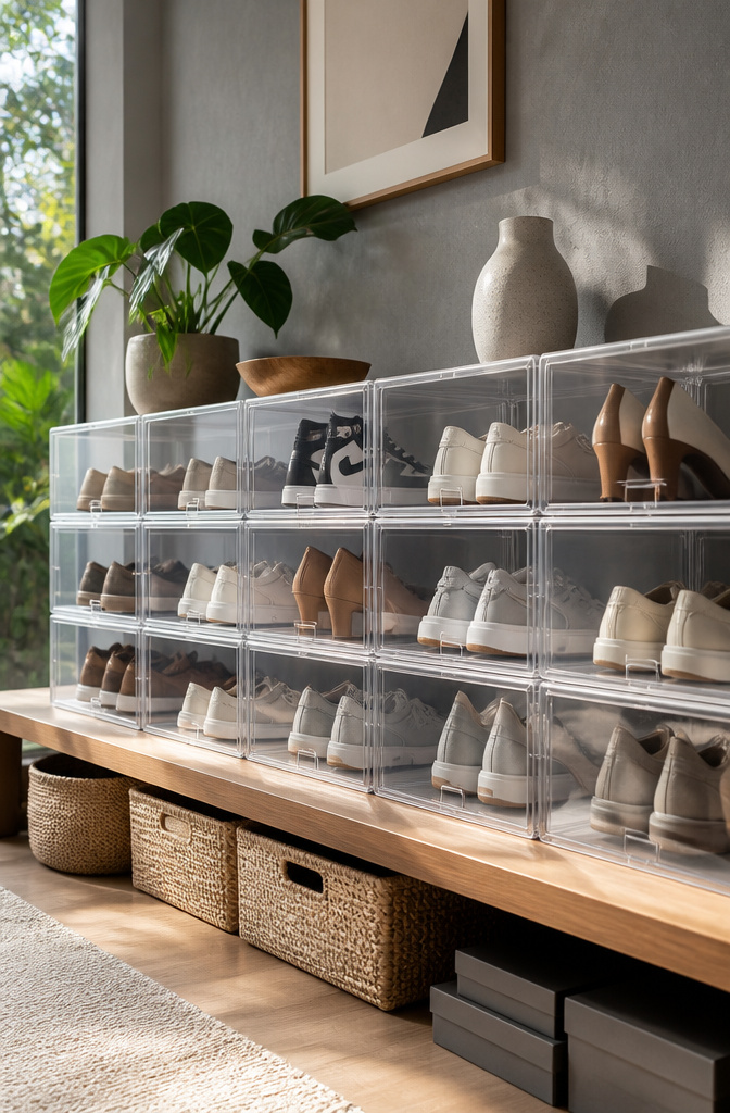 A row of Everything Organizer Drop-Front Shoe Boxes filled with various shoes.
