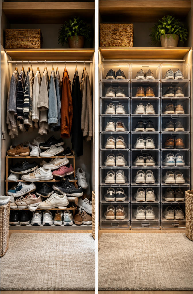 Side-profile drop-front shoe boxes stacked with the door opening from the side.