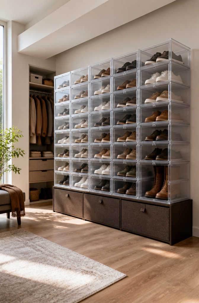 Modular shoe boxes stacked and locked together in a versatile arrangement.
