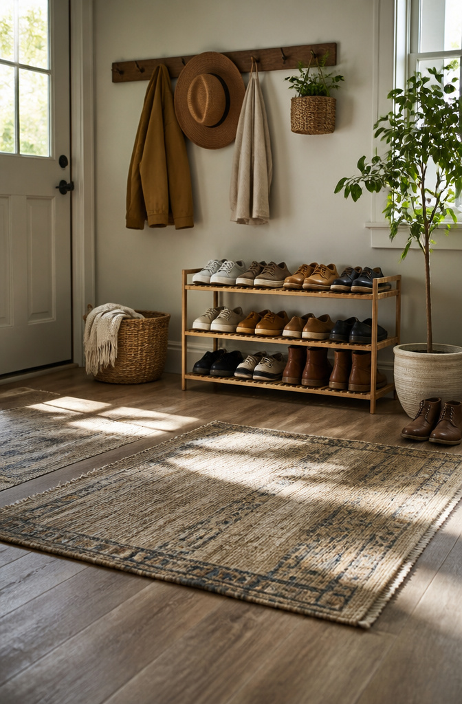 Open shoe rack displaying several pairs of shoes for easy access.