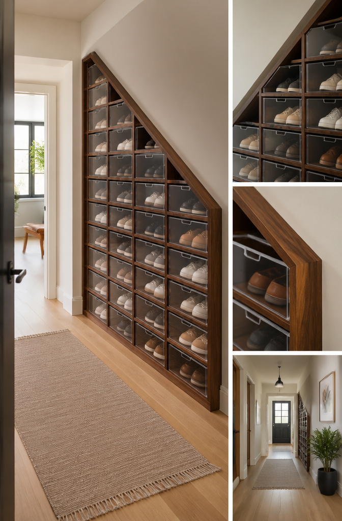Custom shoe organizers designed to fit in a narrow entryway.