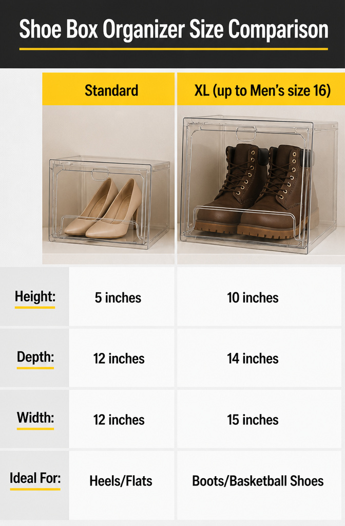 Shoe box organizer size comparison highlighting larger sizes.
