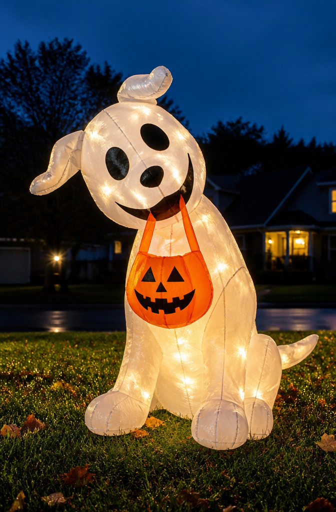 A light-up inflatable ghost dog with a jack-o'-lantern treat bag.