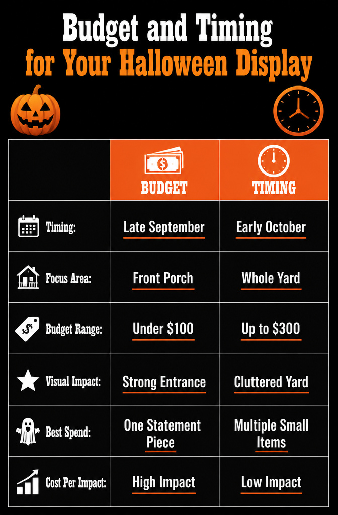 An information image outlining budget and timing for Halloween decorations.