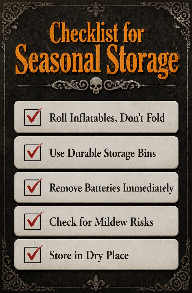 A checklist for seasonal storage of Halloween decorations.
