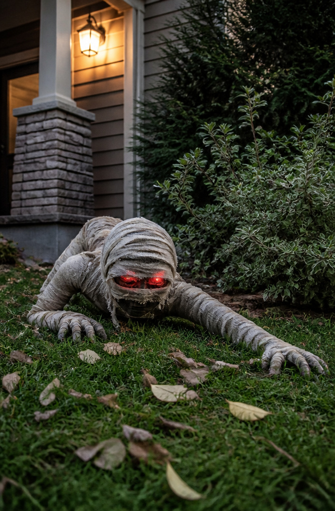 A 42-inch crawling mummy prop with red eyes and sound activation.